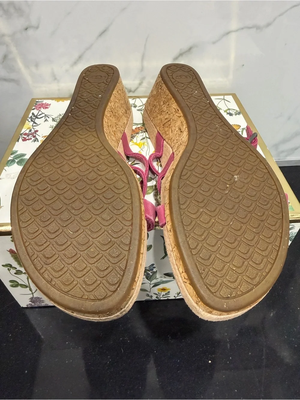 UGG Pink Cork Wedge Sandals with Buckle Strap